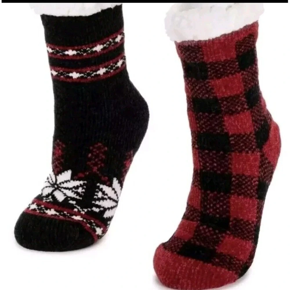 MUK LUKS Unisex Cabin Socks 2 pk L/XL 8-10 Red Black Buffalo Plaid Non Skid Grip